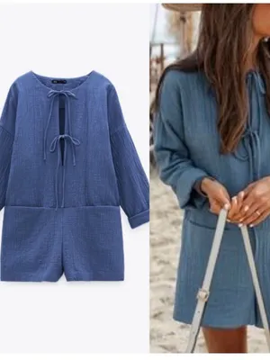 Zara Tie Front Cotton Gauze Coastal Blue Textured Romper thumbnail 2
