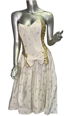 Vintage White and Metallic Gold Polka Dot Strapless Gunne Sax Dress Sz 11/12 thumbnail 1