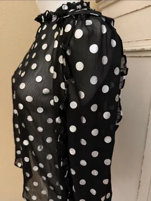 Black Polka Dot Sheer Long-Sleeve Blouse with Ruffled Neckline thumbnail 5