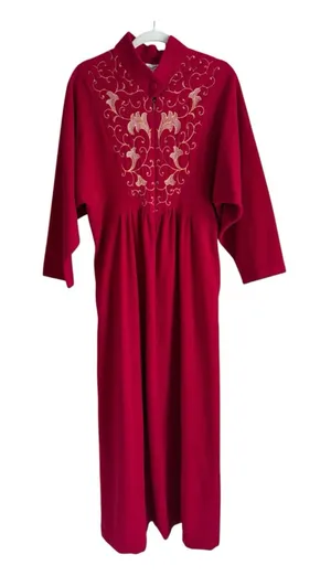 Vtg Vanity Fair Velour Maxi Robe Gown Red Gold Embroidered Zip Housecoat Large thumbnail 1