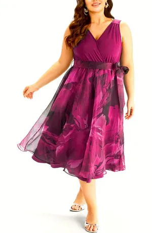 Red-Violet Floral Print Belted Pocket Sleeveless Dress-Large/12 thumbnail 1