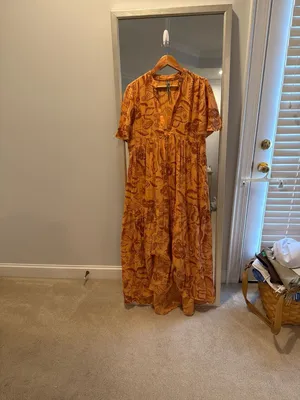Anthropologie Somerset Maxi Dress Orange Woodblock Floral Tiered Size M thumbnail 3