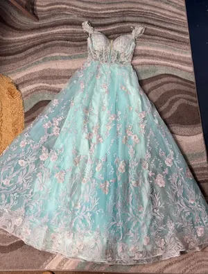 Morrell Maxie Size 4 Aqua White Floral Lace Off‎ Shoulder Formal Gown thumbnail 1