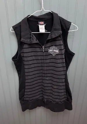 Harley Davidson Womens‎ Vest Full Zip Black Gray Stripe Logo Casual Size L thumbnail 1