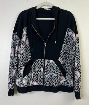 Entro Floral Embroidered Crochet Zip Up‎ Hoodie Hooded Sweatshirt 100% Cotton thumbnail 1