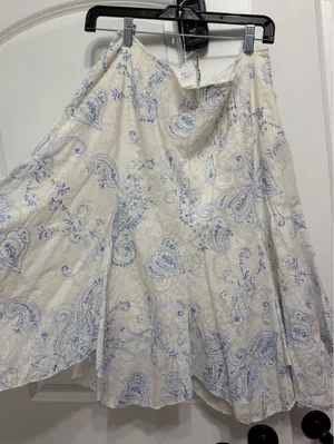 Vingtage B. Moss White Blue Paisley Embroidered Cotton Midi SkirtSize 14 Flared thumbnail 1