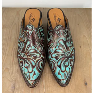 Patricia‎ Nash Turquoise Brown Tooling Leather Mule Pointed Toe Western Shoes 6 thumbnail 2