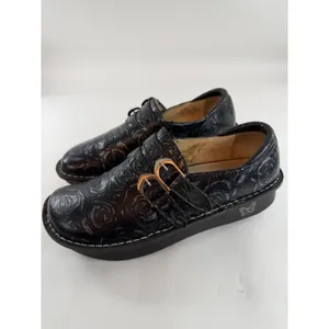Alegria by PG Lite Black Rose Embossed Leather Clogs Monk Strap ALL-571 Size 40 thumbnail 3