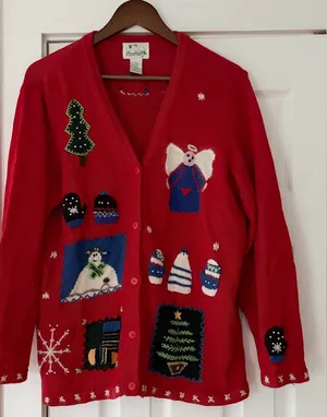The Quacker Factory Vintage Festive Red Holiday Cardigan‎ Size Large EUC thumbnail 1
