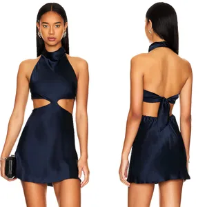 NEW NWT Amanda Uprichard X Revolve Kaye Cutout 100% Silk Mini Dress In Ink Navy thumbnail 2