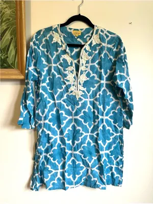 Roberta Roller Rabbit Cotton Printed Tunic Dress Women’s Medium India Blue White thumbnail 1