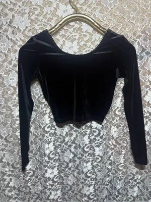 American Apparel Black Velvet Long-Sleeve Crop Top scoop neck vintage 90s y2k S thumbnail 2