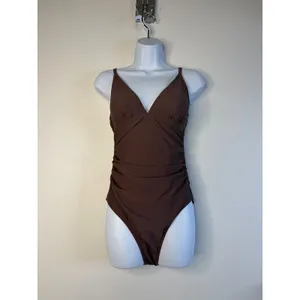 Cupshe Womens Brown Ruched V-Neck One-Piece Swimsuit ASL9035YC M thumbnail 3