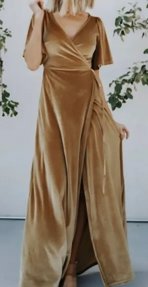 Baltic Born Katelyn Velvet Maxi Wrap Dress S Gold Mustard Wedding Guest Formal thumbnail 1