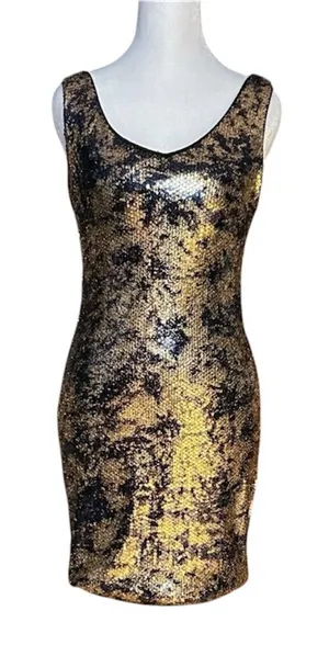 Soprano Sleeveless Metallic Gold Festive Party Mini Dress Size Small Fitted HOCO thumbnail 1