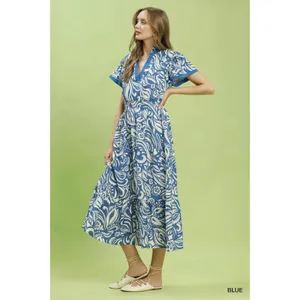 Umgee Paisley Print Midi Dress with Side Pockets - Blue - Small thumbnail 2