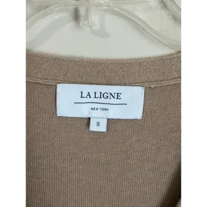 La Ligne Cardigan Women Size S Tan Black Striped Linen Cropped V-Neck thumbnail 4