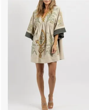 Womens Oversized Embroidered Dress with V-Neck and 3/4 Sleeves Vintage Embroidery Babydoll Dress thumbnail 4