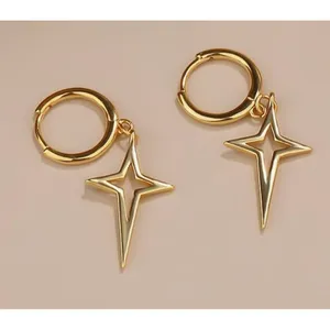 NEW Gold Star Dangle Hoop Earrings | Yellow Gold Over‎ 925 Sterling Silver thumbnail 4