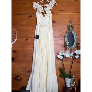 NWT Lulus Soiree Celebration Light Yellow Ruffled Lace-Up Maxi Dress Tiered Sz L thumbnail 7