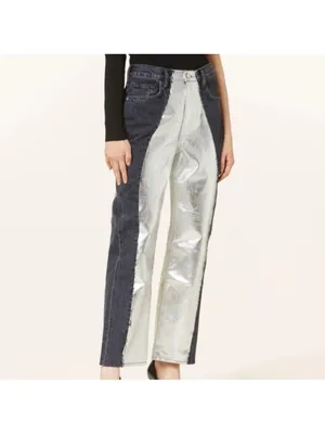 NWT FRAME Pieced Metallic Silver Black Straight Leg Jeans Size 26 Retail $448 thumbnail 5