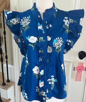 Sugarlips Avara Anita Top Blue Cotton Floral Blouse Flutter Sleeve New thumbnail 1