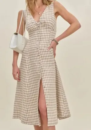 Reformation | Sebastien 100% Linen Gingham Button Front Midi Dress in Natural thumbnail 1
