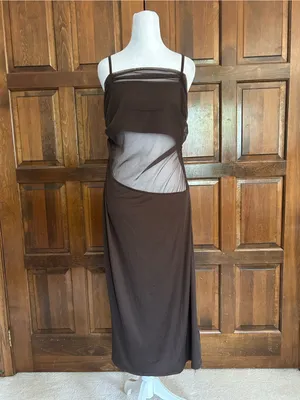 NWT Cider Brown Mesh Overlay Maxi Dress L Large Cutout Coffee Cocktail‎ Y2K thumbnail 2