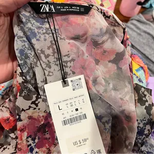 New Zara Floral Chiffon Dress Sz L Fit Flare Short Sleeves Mini Ruffle Wrap thumbnail 6