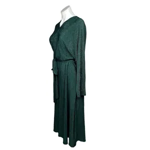 All in Favor Emerald Green V Neck Long Sleeve Crinkle Tie Waist Midi Dress Sz S thumbnail 2