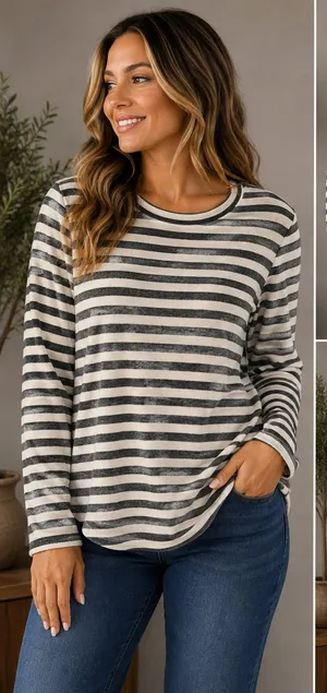 American Eagle Soft & Sexy Plush Long Sleeve Striped Crew Neck Top thumbnail 1