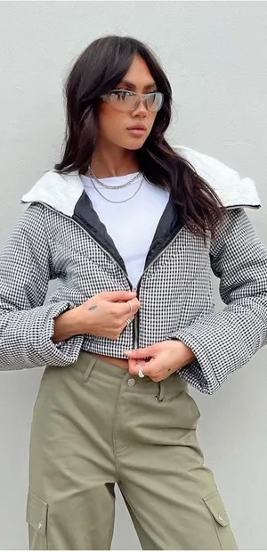 Princess Polly The Keir Puffer Jacket Black/White Size L/XL Plaid Gingham thumbnail 1