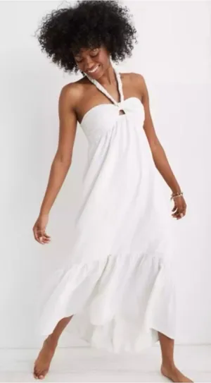 Aerie High Low Halter Braided Strap Maxi Sundress, White, Size S thumbnail 1