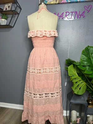 Boho Pink 100% Cotton Crochet Crochet Lace Smocked Halter Maxi Dress - Size S Pink Cotton Crochet Lace Inset Smocked Halter Maxi Dress Size Small thumbnail 4