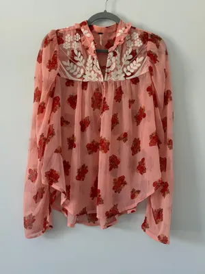 Free People Pink Red Patricia Floral Embroidered Sheer Long Sleeve Boho Blouse M thumbnail 1