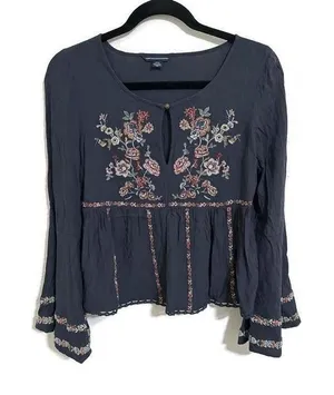 American Eagle Shirt Womens Small Blue Embroidered Boho Peasant Bell Sleeve Top thumbnail 1