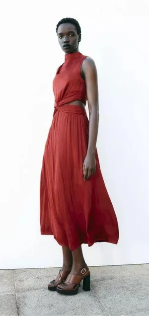 Zara maxi dress Burgundy Sleeveless cut out satin effect evening wedding summer thumbnail 7