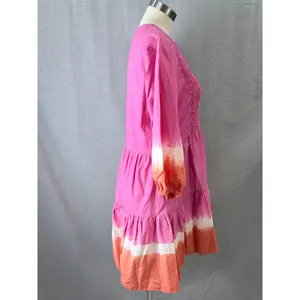 Sachin & Babi Pink Orange Dip Dye‎ Smocked Tiered Cotton Mini Dress Resort M thumbnail 6