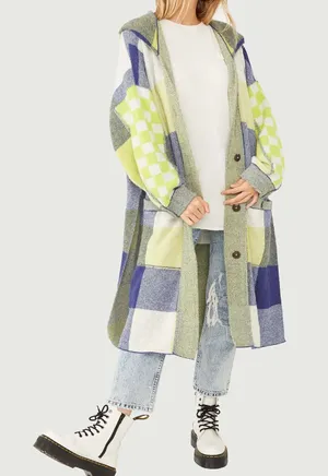 Free People South Bend Cardi Plaid Hooded Duster M NWOT thumbnail 1