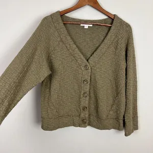 Two‎ By Vince Camuto Cardigan Sweater Women Large Green Buttons V-Neck Knit Crop thumbnail 3