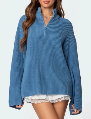Edikted Sweater Women’s Medium Blue Cropped‎ Ribbed Quarter Zip Pullover thumbnail 1