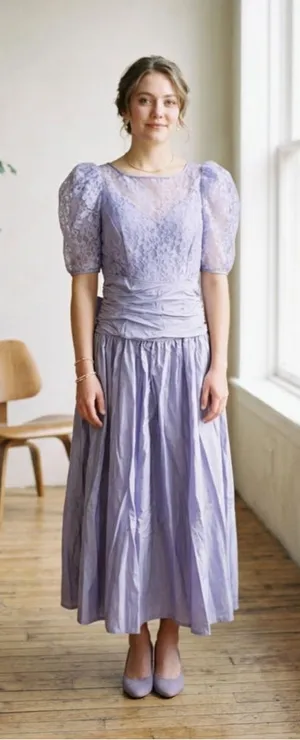 Vintage 80s Lavender Taffeta Lace Midi Prom Dress ILGWU 14 thumbnail 1