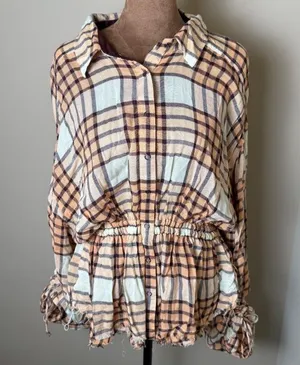 We The Free People Pacific Dawn Plaid Shirt Womens Medium Peach Ivory Boho Top thumbnail 1
