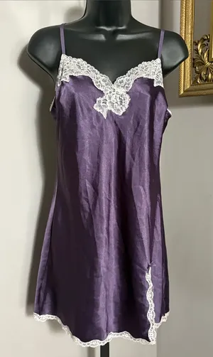 Victoria's Secret VINTAGE Medium Purple Satin Slip Dress with White Lace Trim thumbnail 1