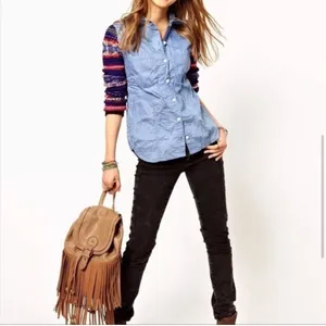 Free People We The Free Chambray Sweater Sleeve Shirt Women's Small Light Blue‎ thumbnail 3