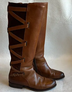 Frye Brown Leather Knee-High Boots with Suede criss cross accents size 8.5 thumbnail 1