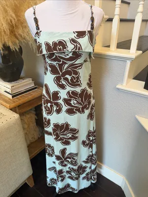 Anthropologie Paper Heart Blue Brown Linen Blend Floral Maxi Dress Size XS thumbnail 2