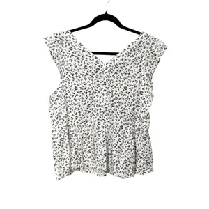 LOFT Womens Small White Black Floral Ruffle Cap Sleeve V-Neck Peplum Blouse Top thumbnail 3
