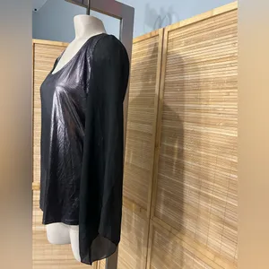 Dots purplish silver metallic blouse sheer black sleeves top shirt woman’s XL thumbnail 3