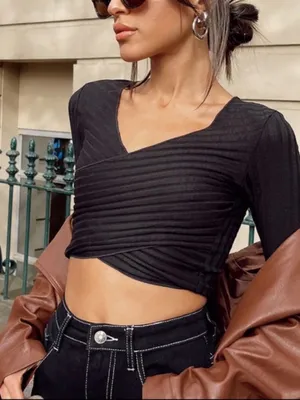 Princess Polly Black Ribbed Abigail Wrap Crop top thumbnail 1